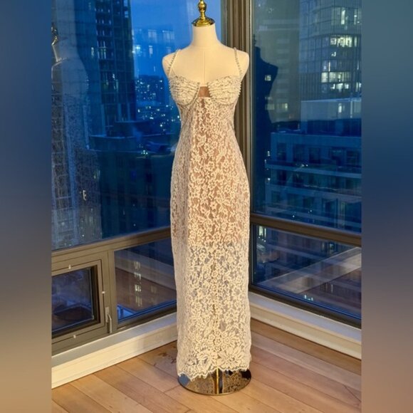 🆕 SELF-PORTRAIT 🧿 NWOT Crystal Trimmed White Fine Lace Maxi Dress, Sz US8 UK12 - Picture 3 of 16